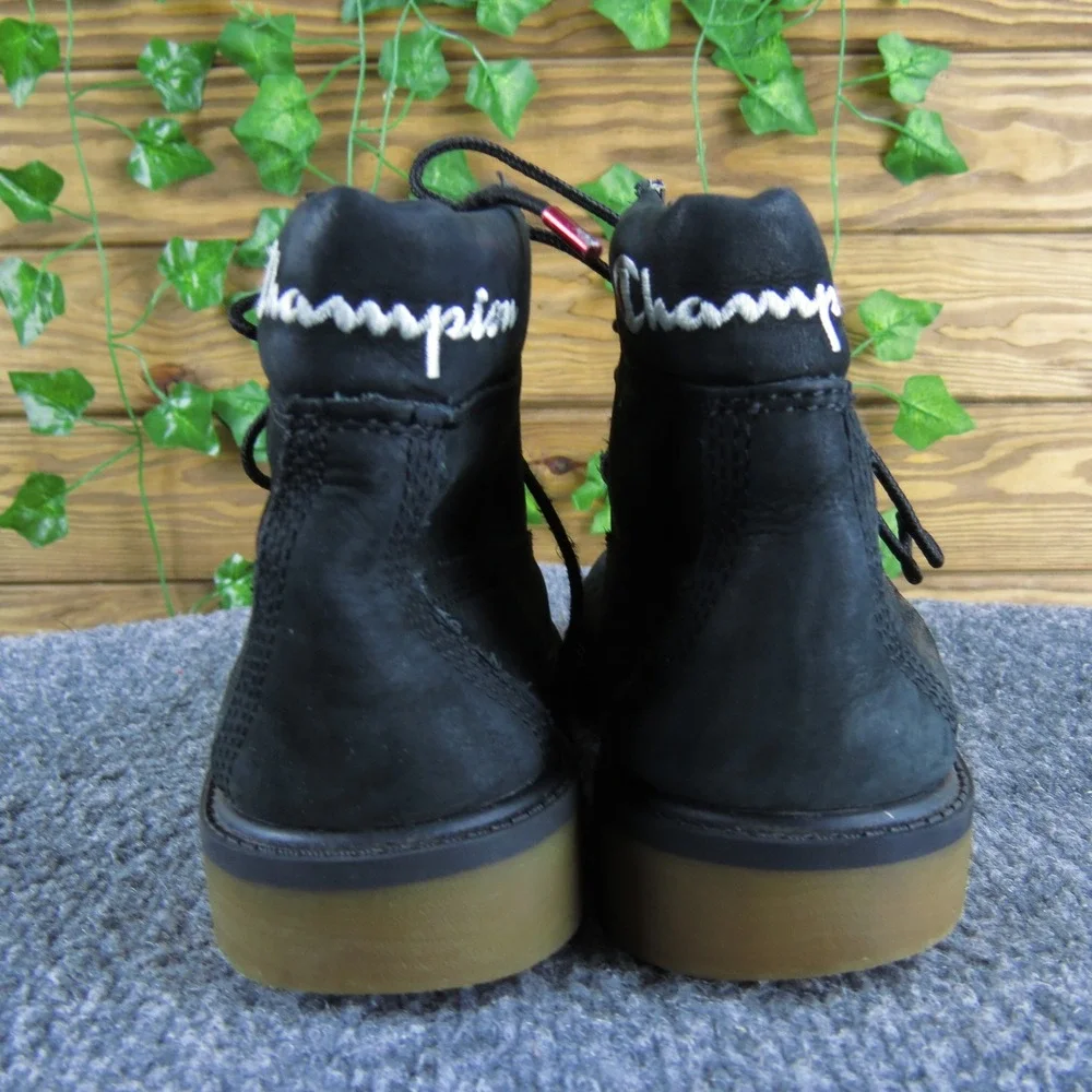 Champion x Timberland‎ Black Leather Lace Up Boots Boys Size 1.5 Ankle Outdoor